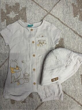 Disney Beige Winnie the Pooh Romper and Hat 2pc Set 12M